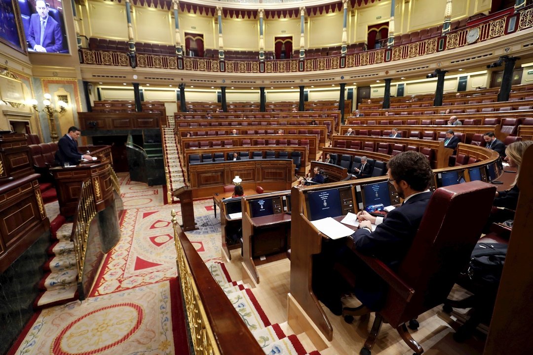 El presidente del Gobierno, Pedro Sánchez, durante su intervención en el Pleno del Congreso